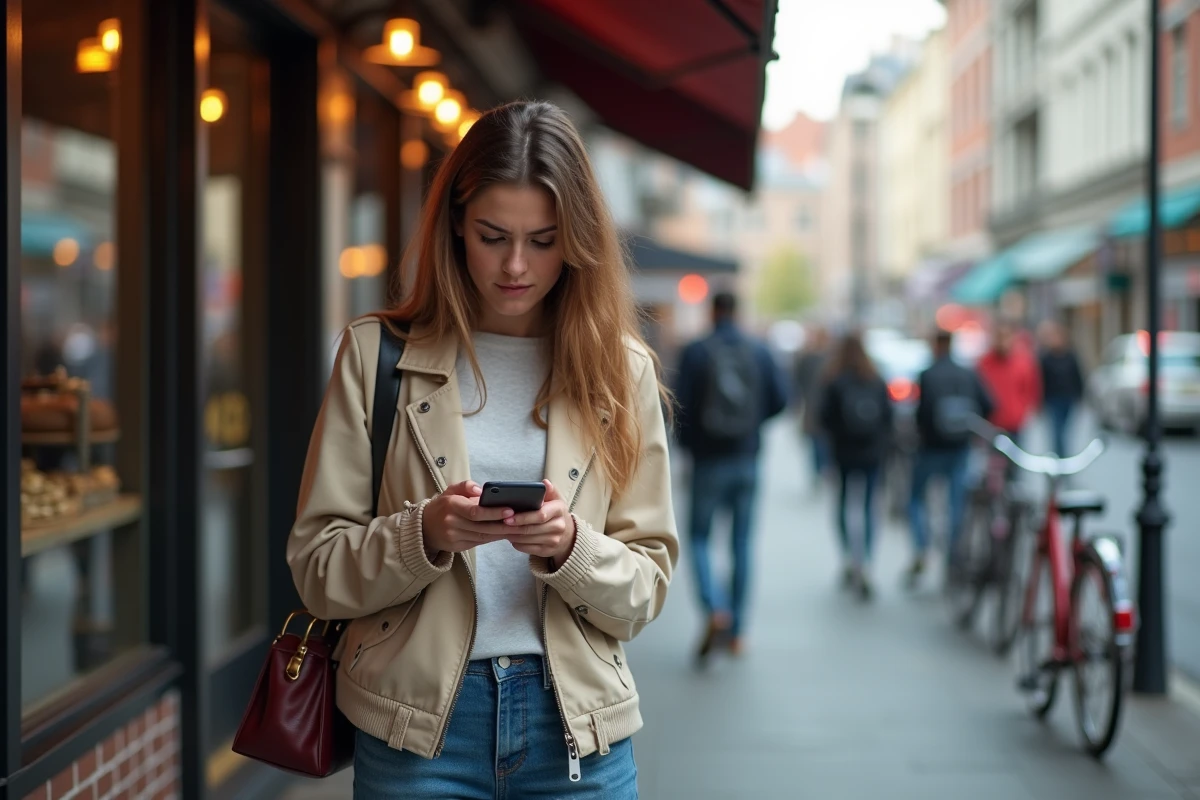 Jeune femme dehors au café regardant son smartphone