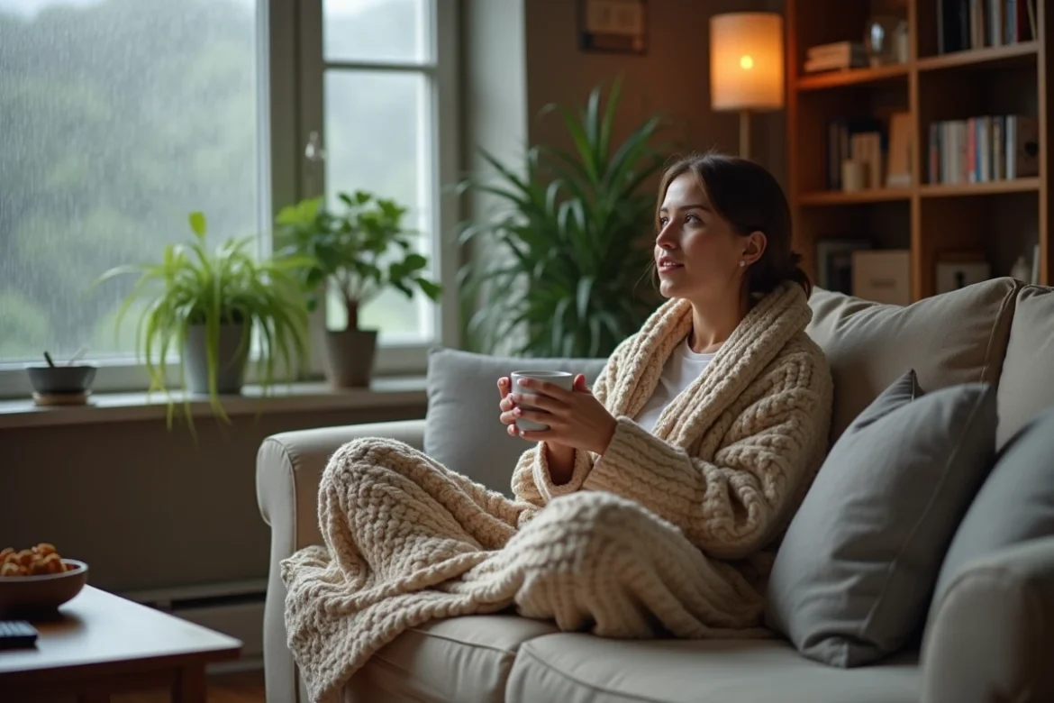 Femme détendue sur un canapé regardant la télévision un après-midi pluvieux, enveloppée dans un plaid tricoté avec une tasse chaude à la main