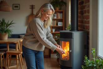 Femme en pull chargant pellets dans un poêle moderne