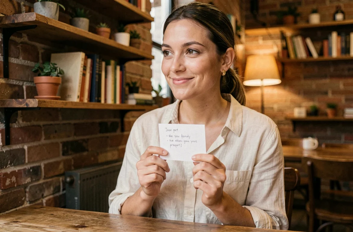 Femme souriante tenant une carte avec une citation dans un café intimiste, illustrant les rencontres et les phrases qui marquent