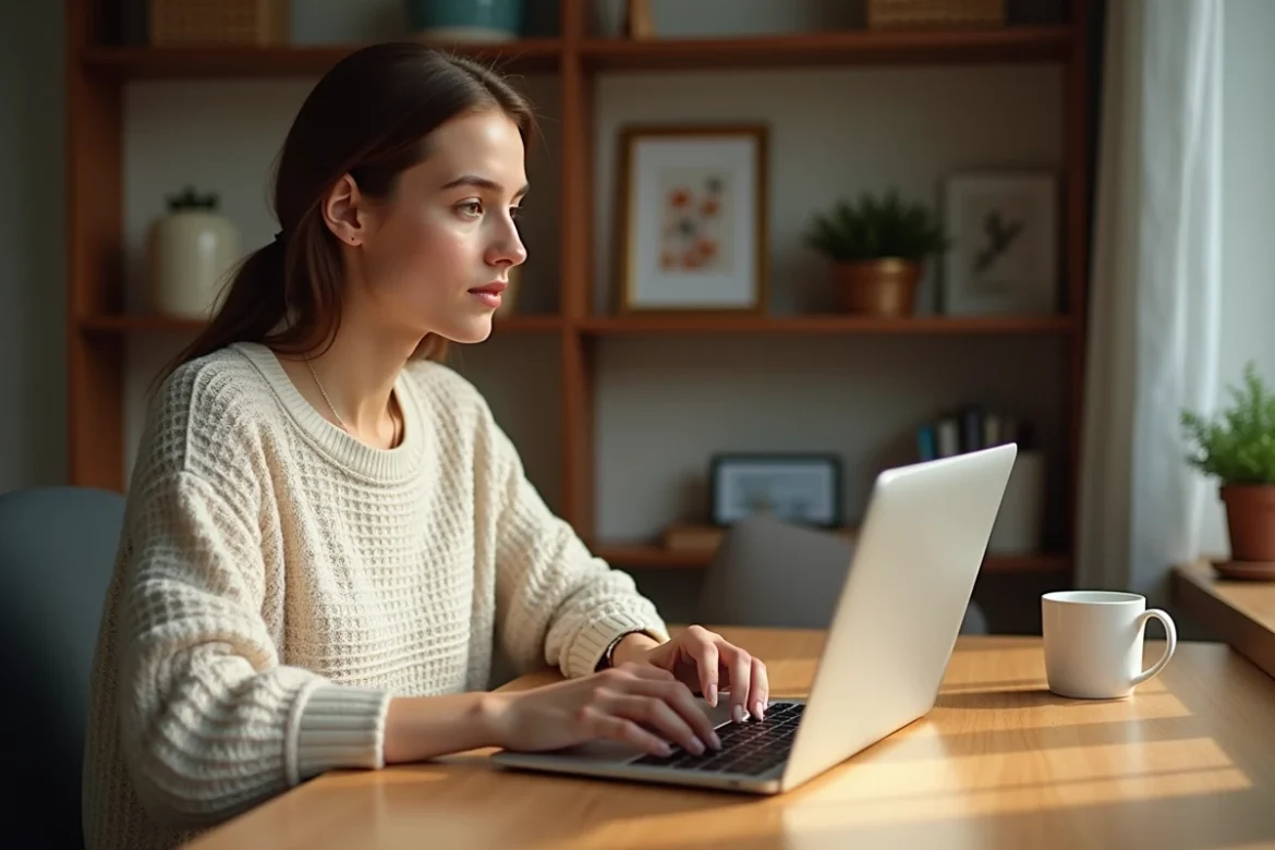 Jeune femme activant un code de rachat sur un site de récompenses depuis son bureau à domicile
