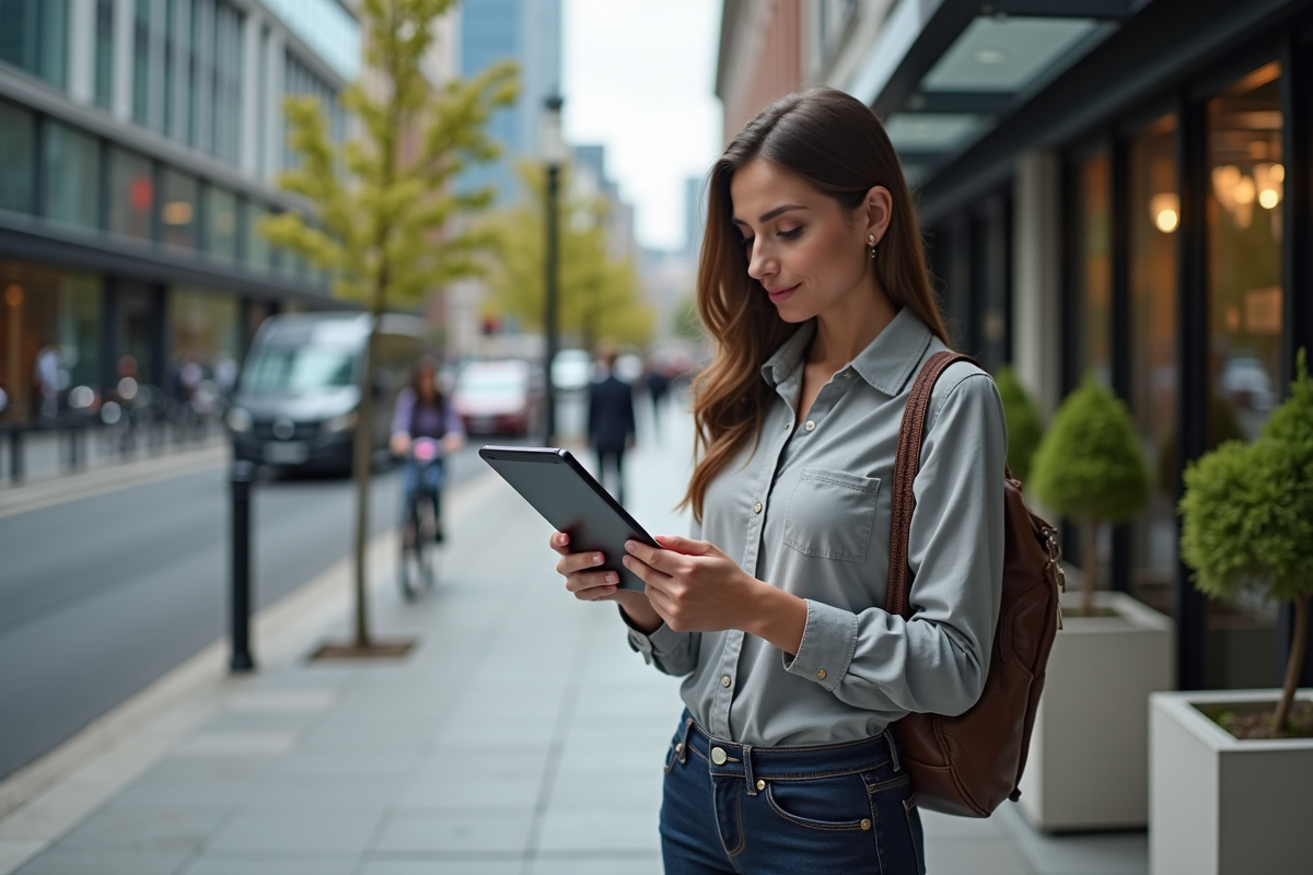 Femme regardant des graphiques ETF sur une tablette en extérieur