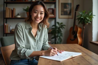 Femme souriante écrivant une carte d anniversaire à la maison