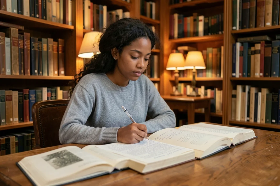 Jeune femme d'origine mixte étudiant la langue bretonne dans une bibliothèque, entourée de livres sur la culture celtique