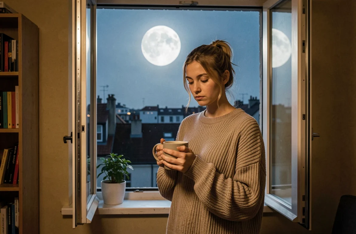 Jeune femme songeuse debout à la fenêtre la nuit tenant une tasse face à la pleine lune urbaine
