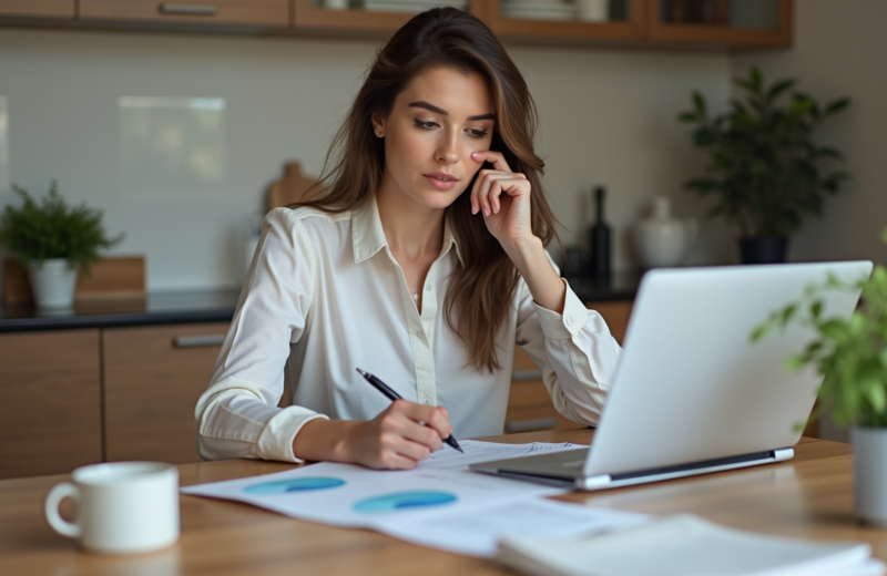 Femme en tenue décontractée examinant des factures à la maison