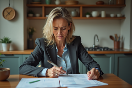 Femme d'âge moyen en tenue professionnelle examine des documents dans la cuisine