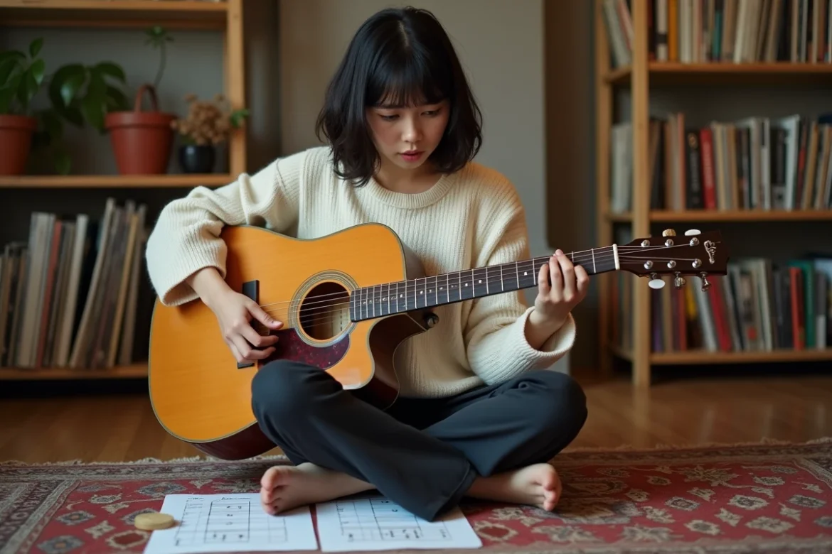 Jeune femme apprenant la guitare électrique avec une tablature imprimée de Mistral Gagnant posée au sol