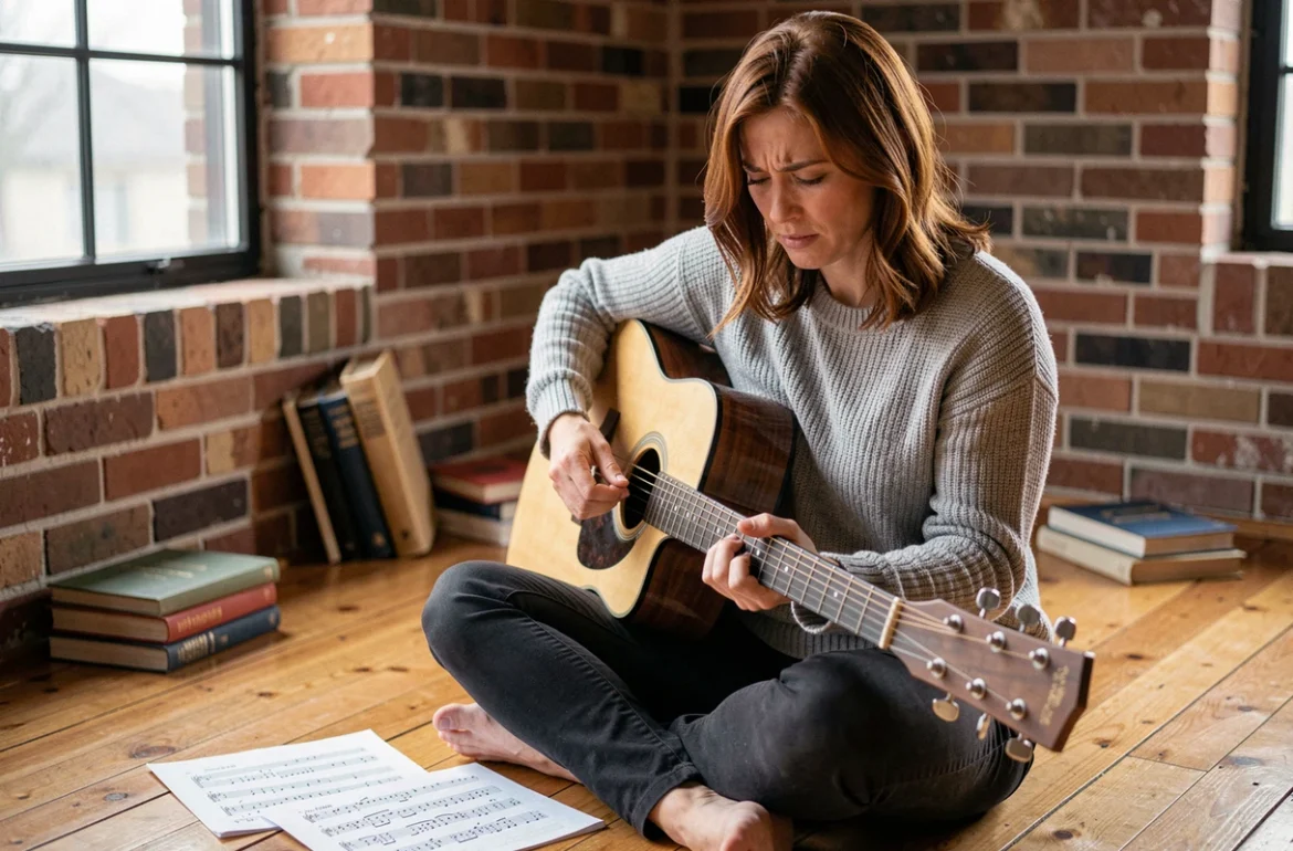 Femme guitariste révisant une tablature de guitare posée sur le sol avec une guitare acoustique, cherchant à corriger ses erreurs sur une chanson de Cabrel