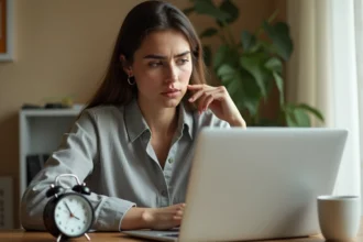 Femme confuse regardant une horloge analogique et un calendrier numérique pour comprendre la différence entre AM et PM