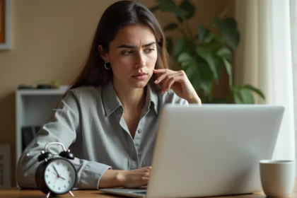 Femme confuse regardant une horloge analogique et un calendrier numérique pour comprendre la différence entre AM et PM