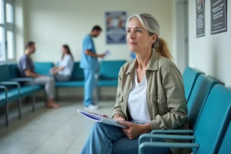 Femme d'âge moyen dans une salle d'attente hospitalière