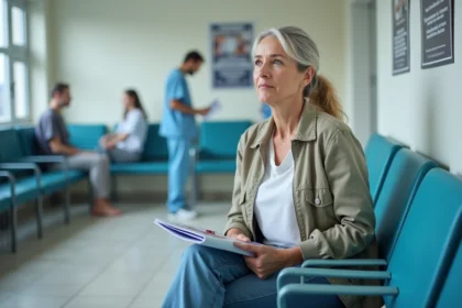 Femme d'âge moyen dans une salle d'attente hospitalière