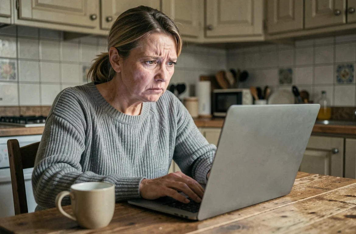 Femme inquiète regardant son ordinateur portable, potentielle victime d'une fraude en ligne de type Clevya