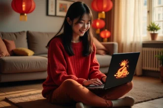 Jeune femme asiatique jouant au jeu Google du Nouvel An du Serpent sur un ordinateur portable dans un appartement décoré de lanternes chinoises