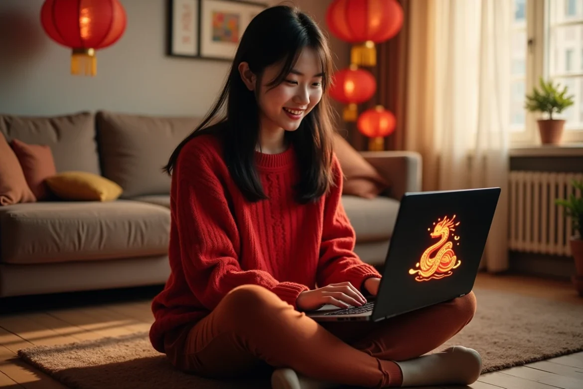 Jeune femme asiatique jouant au jeu Google du Nouvel An du Serpent sur un ordinateur portable dans un appartement décoré de lanternes chinoises