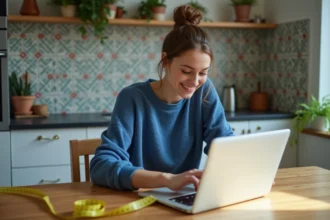 Jeune femme mesurant son écran d'ordinateur avec un ruban
