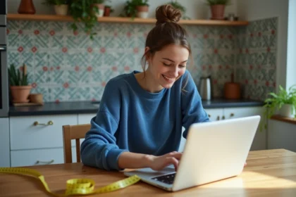 Jeune femme mesurant son écran d'ordinateur avec un ruban