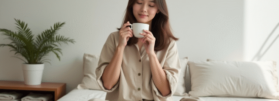 Jeune femme en détente dans un salon minimaliste en train de boire du thé