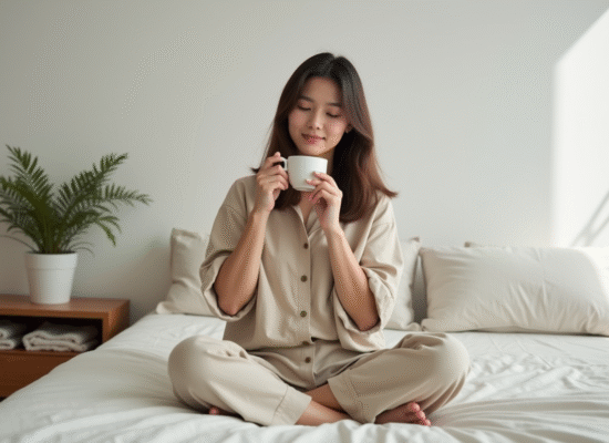 Jeune femme en détente dans un salon minimaliste en train de boire du thé