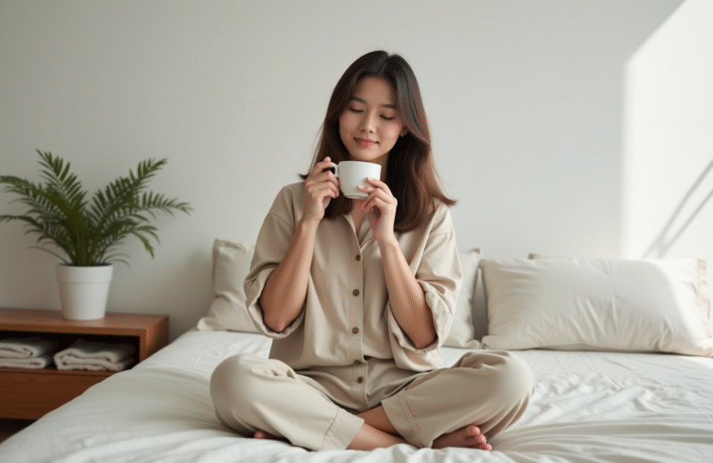 Jeune femme en détente dans un salon minimaliste en train de boire du thé