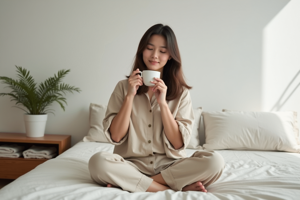 Jeune femme en détente dans un salon minimaliste en train de boire du thé