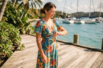 Femme en robe fleurie consultant sa montre sur un ponton en bois en Guadeloupe avec la mer turquoise en arrière-plan