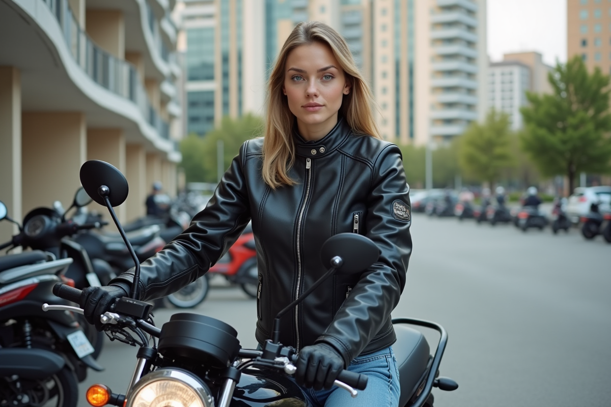 Jeune femme en cuir avec sa moto dans un parking urbain