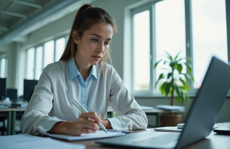 Jeune femme organisant la logistique de quarantaine dans un bureau lumineux