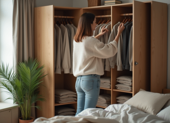 Femme élégante choisissant ses vêtements dans un vestiaire minimaliste