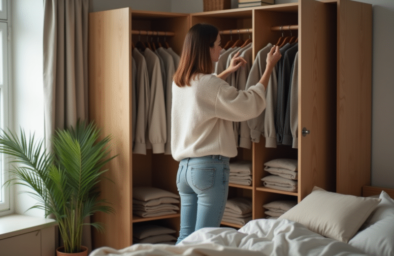 Femme élégante choisissant ses vêtements dans un vestiaire minimaliste