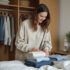 Femme organisée dans sa chambre avec vêtements pliés