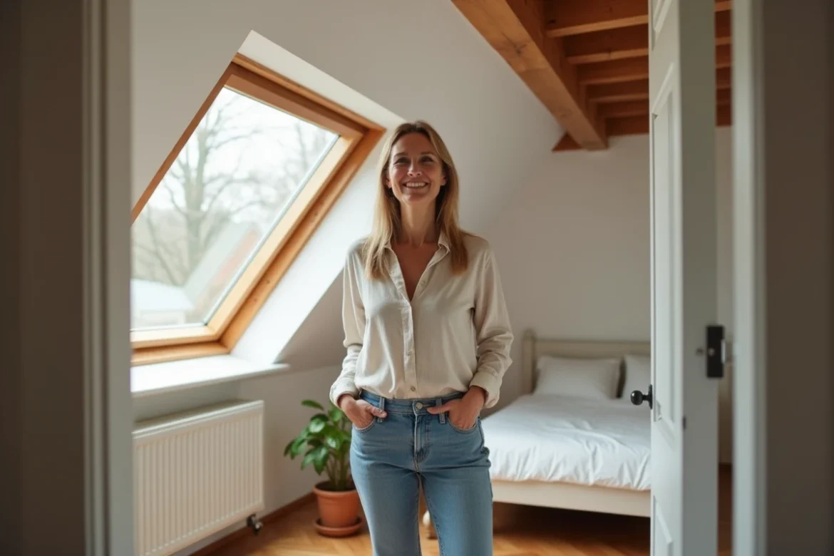 Femme souriante ouvre un velux dans une chambre rénovée