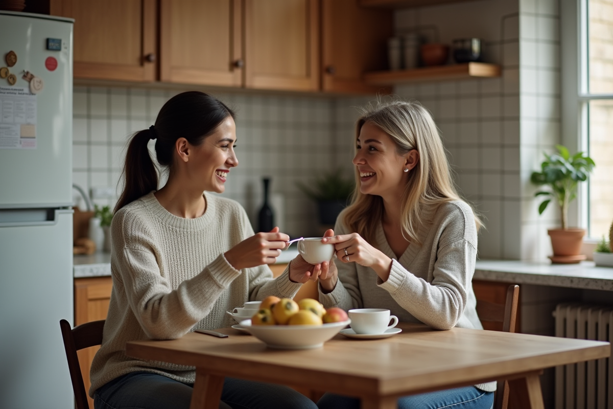 Femme et mère partageant un petit déjeuner dans la cuisine