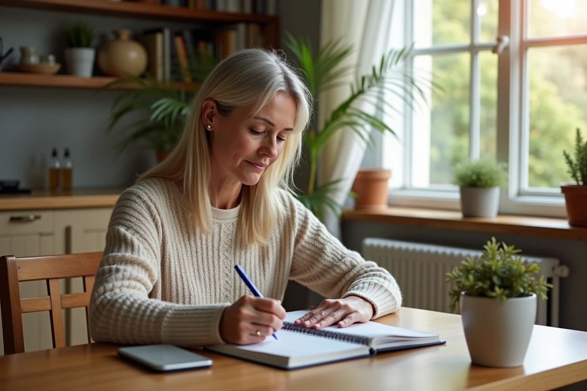 Femme planifiant ses vacances avec tablette et carnet