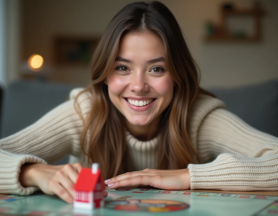 Femme posant un hôtel rouge sur le plateau de Monopoly lors d'une session de jeu intense à domicile