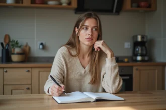 Femme pensant dans une cuisine moderne avec un cahier