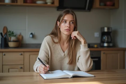 Femme pensant dans une cuisine moderne avec un cahier