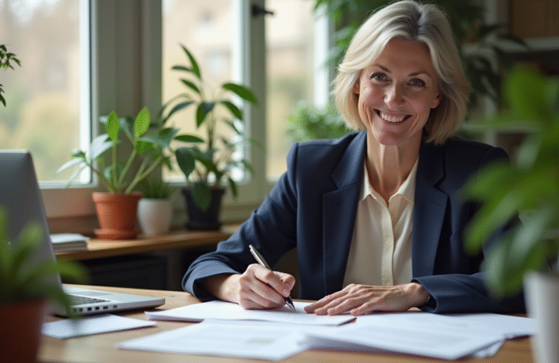 Femme souriante signant un formulaire de retraite dans un bureau lumineux