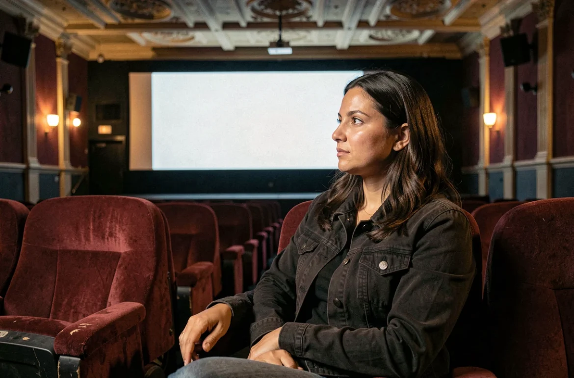 Femme pensive dans une salle de cinéma regardant un film sur grand écran, ambiance cinéma classique