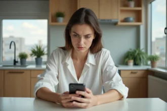 Femme en blanc et jeans pensant avec smartphone dans une cuisine moderne