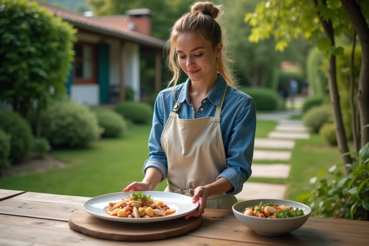 Jeune femme disposant du calmar cuit sur une assiette en extérieur