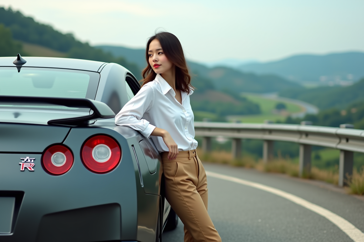 Femme regardant la Skyline GTR en paysage rural