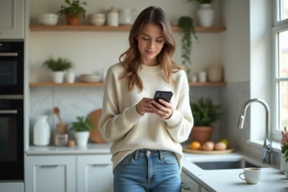 Femme en cuisine regardant son smartphone avec réflexion