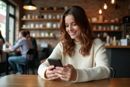 Femme songeuse dans un café regardant son téléphone avec un sourire discret, illustrant les signes qu'une personne pense à vous