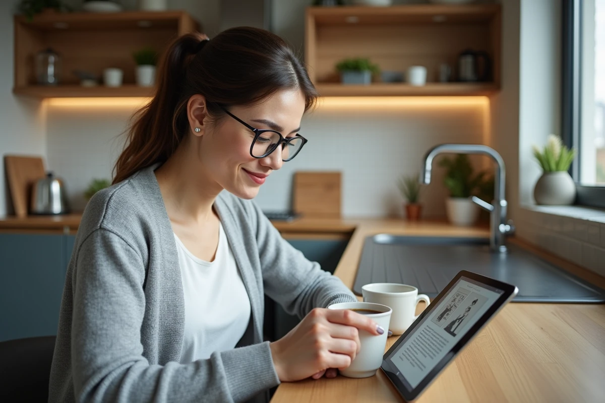 Femme lisant une page manga sur sa tablette dans la cuisine