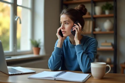 Femme parlant au téléphone dans un bureau à domicile