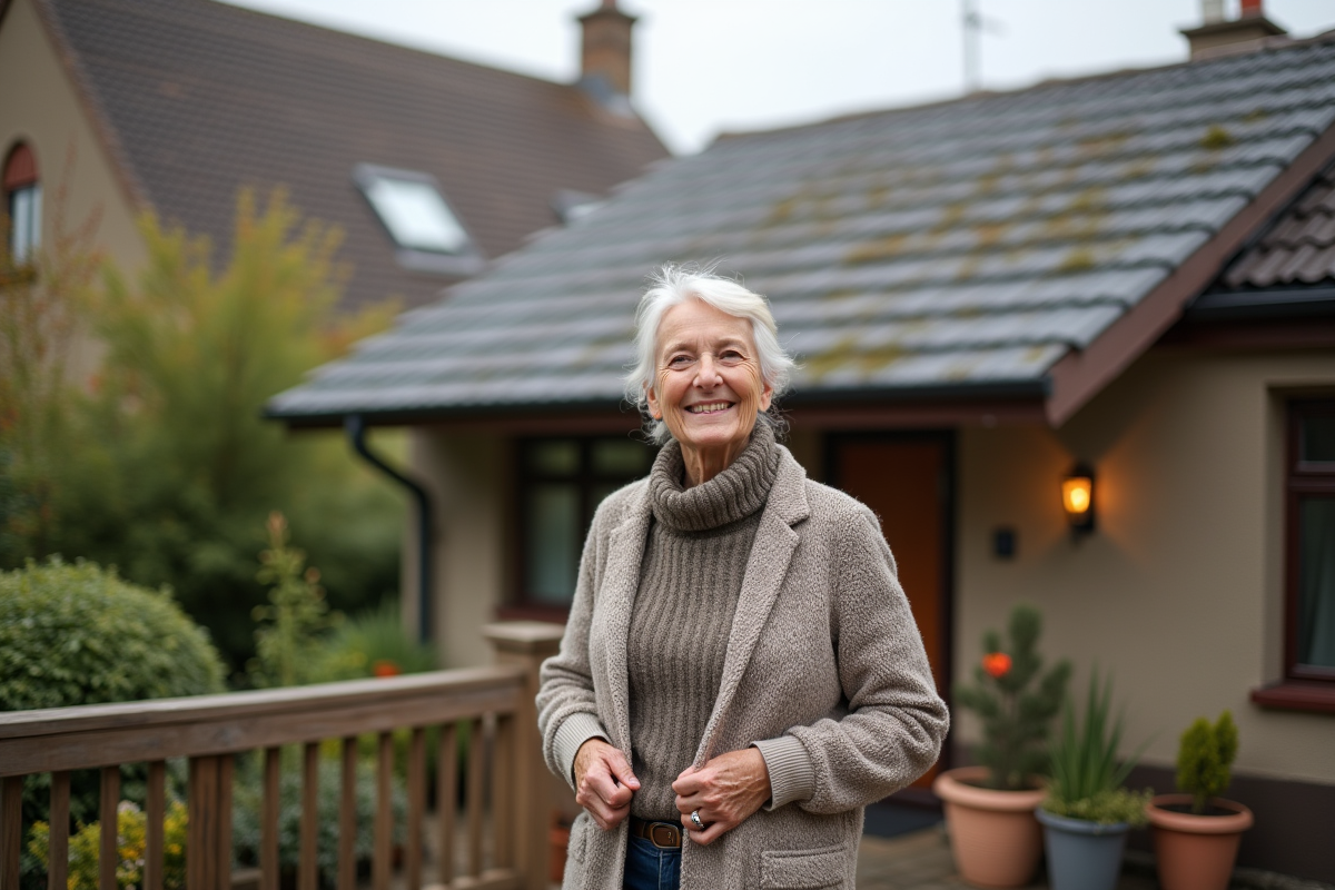 Femme souriante observant toit traité depuis sa terrasse