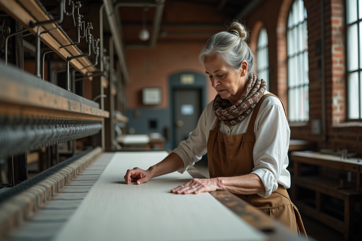 Femme inspectant un tissu dans une usine de tissage ancienne