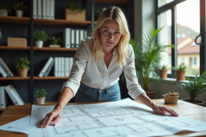 Femme d'âge moyen examinant une carte cadastrale dans un bureau